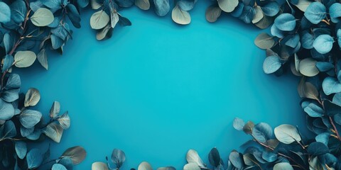 A eucalyptus leaf wreath against a bright blue background