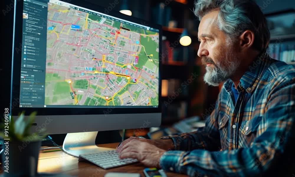 Poster Man Working on Computer with Map