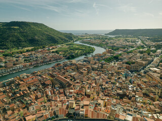 Aerial view of Bosa, a small colourful town near Oristano, Sardinia island, Italy