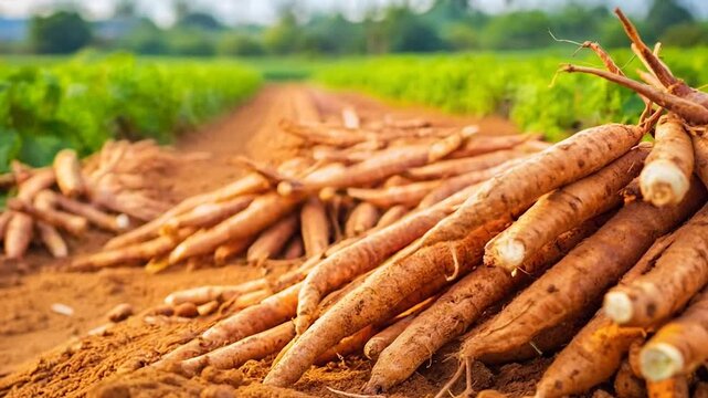 Freshly Harvested Cassava Roots in a Field.