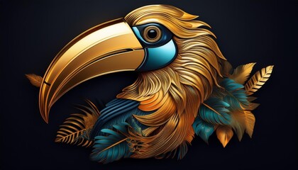 Develop a logo of a golden toucan with vibrant, exotic colors.