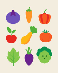 A collection of adorable, colorful cartoon vegetables, perfect for adding a touch of whimsy to your designs. This fun and playful set is ideal for kids' products, farm-themed projects.