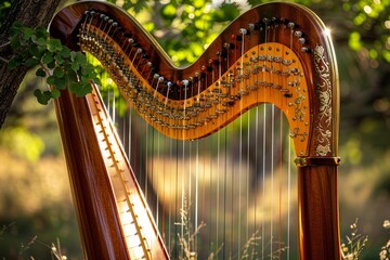 Obraz premium Beautiful golden harp is standing in the forest with the sun shining through its strings