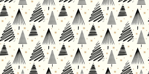 Seamless Christmas pattern featuring stylized black and gold Christmas trees on a white isolated background. The design includes a mix of abstract tree shapes and small golden stars, creating a festiv