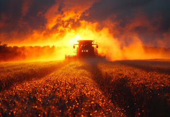 Fototapeta premium A tractor is driving through a field of corn. The sky is orange and the sun is setting