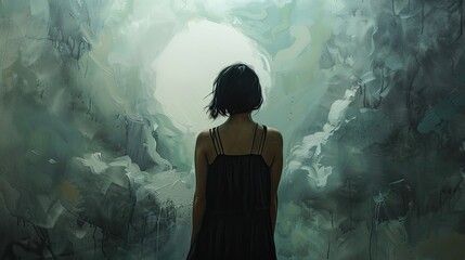 Fototapeta premium in a style of painting, A melancholic woman, standing on the brink of her fortieth birthday, finds herself confronted with a world of unknowns and unfamiliar emotions. 