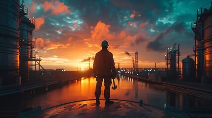 Fototapeta premium silhuette of engineer walking at refinery at sunset