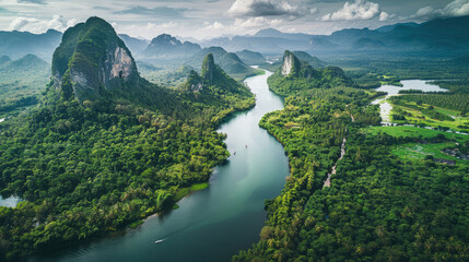 Aerial view of a meandering river surrounded by tropical rainforest