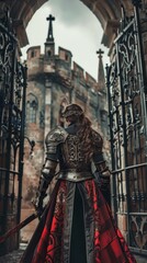 Obraz premium A female knight in black and gold armor with a red dress and sword stands at an old castle gate, exuding mystery and danger.