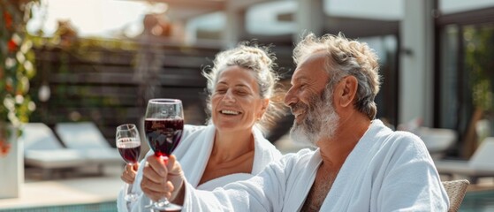 Elderly couple in white robes by a pool, holding wine glasses, relaxed and smiling. Lounge chairs, sunshade, garden, house in background.