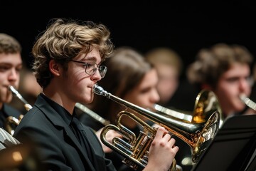 Obraz premium Young Man Playing a Trumpet in an Orchestra