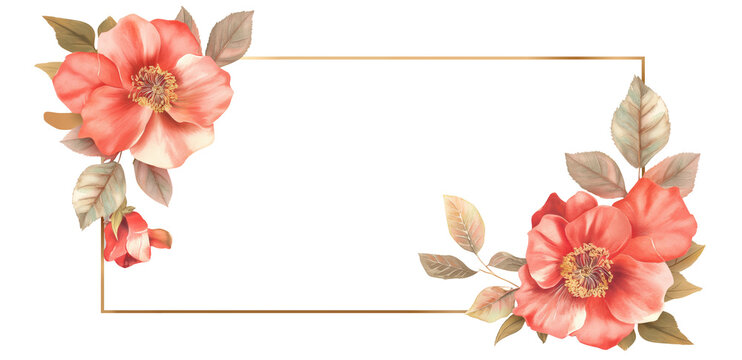 Minimalist rectangular empty floral gold border on a white background, decorated with large pink flowers and pale green leaves