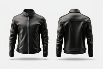 Front and back view of black leather jacket on white background