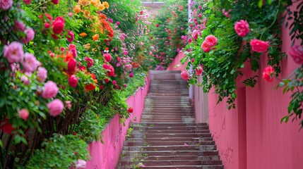 In the alley, there is an endless wall of roses on both sides and pink walls at home. The steps go up to the top with many colors of flowers blooming all over it. 