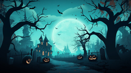 Spooky Halloween Night With Haunted Mansion Jack-O-Lanterns and Full Moon Featuring Bats and Bare Trees