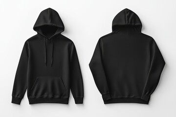 Pair of black hoodies laid flat on white background