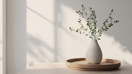 Minimalist Vase with Green Branches on Wooden Tray