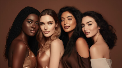 Fototapeta premium 4 women of different ethnicities, all beautiful and stunning with great skin tones posing for the camera. 
