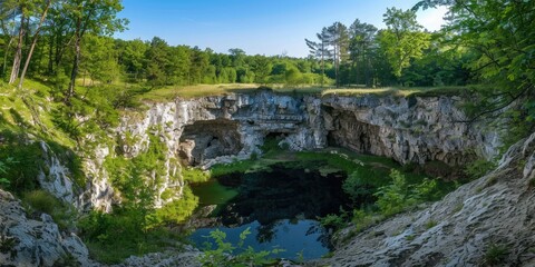 Scenic limestone sinkhole in a forest under a clear blue sky