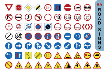 Common road sign icon set, flat design, safe transportation. 65 road signs. Traffic rules.