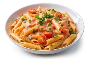 Penne alla Vodka pasta in a pink tomato cream sauce isolated on white background, italian food collection