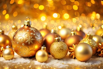 Celebrate the festive season with a bright and elegant Christmas ornament background shining in golden colors, creating a warm and magical atmosphere for a joyful holiday celebration