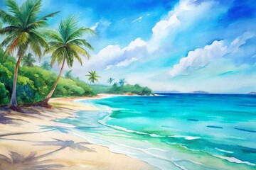 Serenene tropical beach landscape on a sunny summer day with crystal-clear turquoise waters, powdery white sand, and swaying palm trees against a vibrant blue sky.