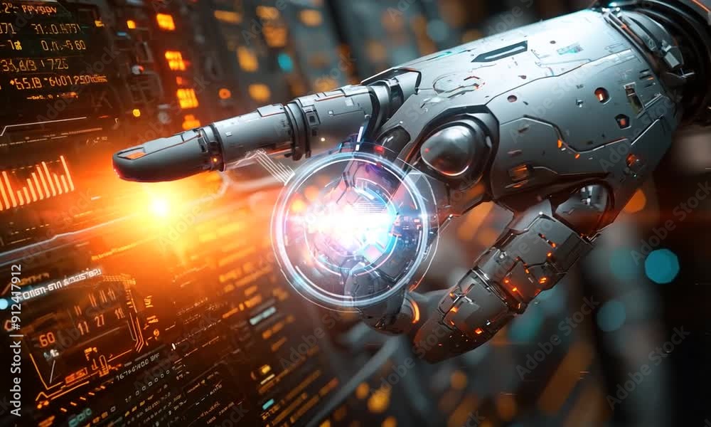 Poster robotic hand interacting with futuristic interface