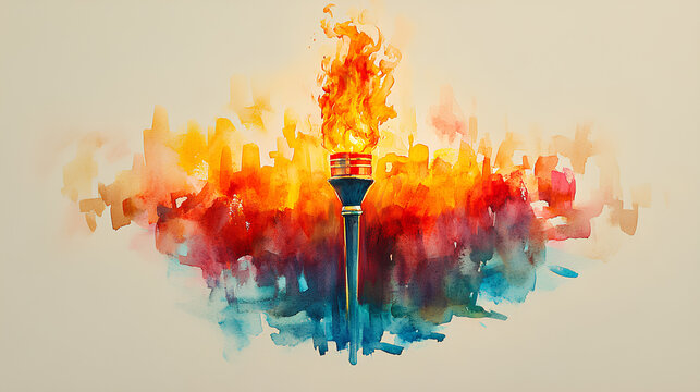 he 2024 Olympic Games in Paris, France. Watercolor image of the Olympic torch on an empty background. The moment of awarding and issuing medals