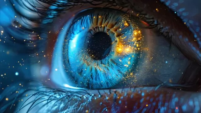 A blue eye with a yellow spot in the center. The eye is surrounded by a glowing light