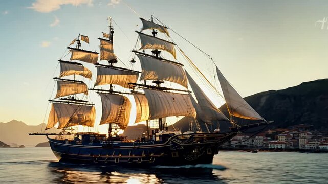 A large ship sails in the ocean with a beautiful sunset in the background