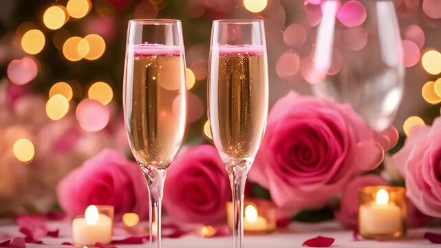 Pink rose champagne glasses close-up, bokeh lights background. New year, Valentines day celebration toast festive rose gold blur pink champagne sparkle glitter web banner