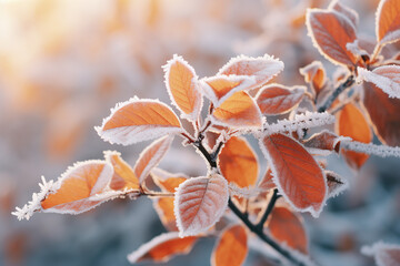 Beautiful colorful nature with bright orange leaves covered with frost