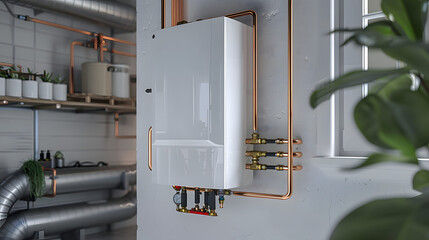 modern tankless water heater installed in a basement, the unit is connected to copper pipes and is mounted on a wall in a clean, organized utility room. Tsleek design and functionality