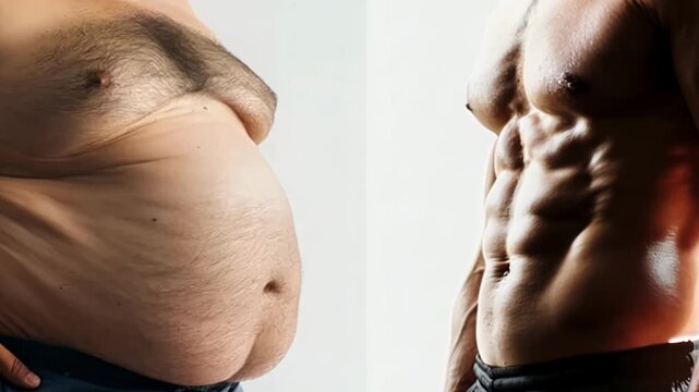 A man with a large belly is next to a man with a six pack