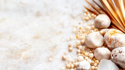Obraz premium Elegant and Beautiful Composition of Natural Elements including Seashells, Pearls, and Wheat set against a Marble Background