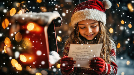Cute girl wearing santa hat reading christmas letter near mailbox