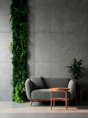 Loft-style living room interior, grey office interior with green plants. 3d rendering. The waiting area for a photo of an office space.