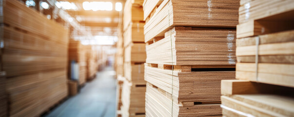 Obraz premium Warehouse storing large stacks of plywood boards