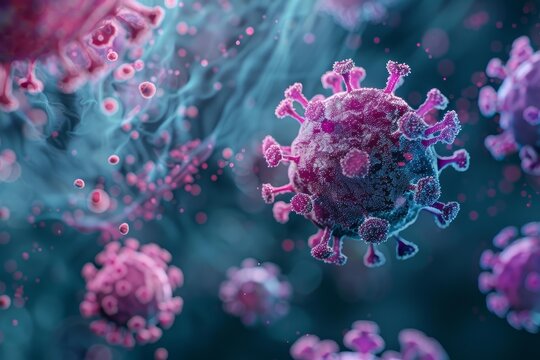 Microscopic view of coronavirus covid 19 virus cells floating in a fluid with other particles