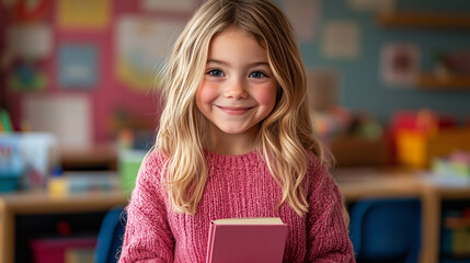 A nice elementary student sitting at the classroom desk keeping a book. 