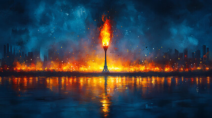 Obraz premium he 2024 Olympic Games in Paris, France. Watercolor image of the Olympic torch on an empty background. The moment of awarding and issuing medals