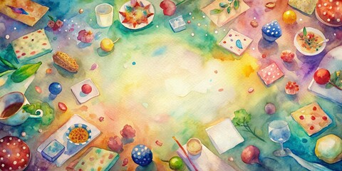 Vibrant colors and playful textures fill the frame as scattered cards, drinks, and snacks surround an empty table, evoking feelings of joyful female friendship gatherings.