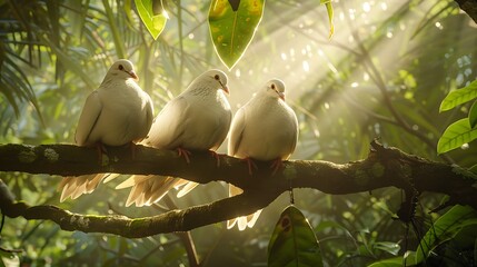 White doves sitting quietly on a tree branch, with soft rays of sunlight streaming through the dense forest canopy.