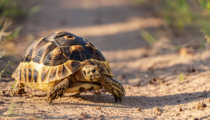 Obraz premium Leopard Tortoise Walking on a Sandy Path in the Afternoon Sun and Copy Space