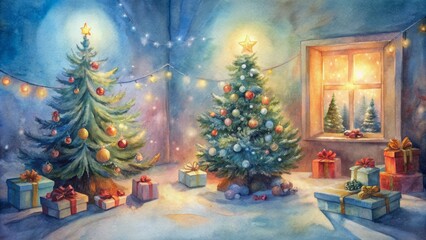 Cozy festive interior scene featuring beautifully decorated Christmas trees and piles of ornate gift boxes, surrounded by warm soft lighting, on a joyful Christmas Eve.