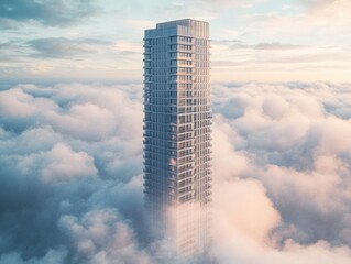 A photo of a tall building situated amidst a cloudy sky, perfect for use in travel or architecture-related projects