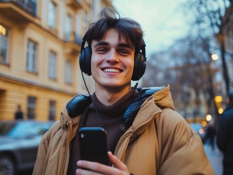 A young man enjoying his favorite tunes on the go, perfect for use in scenes about technology, entertainment, or everyday life