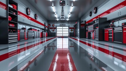 Clean garage interior featuring tool cabinets, a striking red stripe down the middle of the floor, and a prominent garage door.