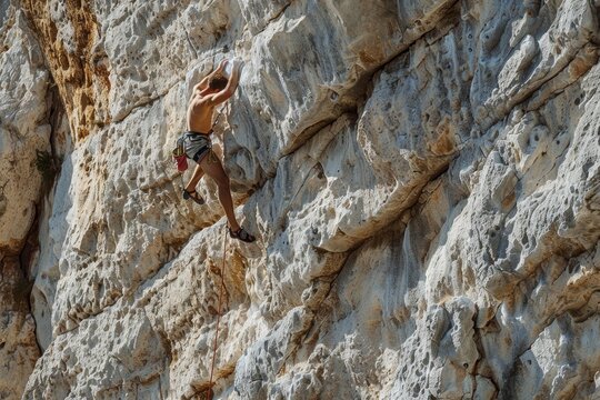Young athletic man is engaged in rock climbing a steep, rugged cliff face